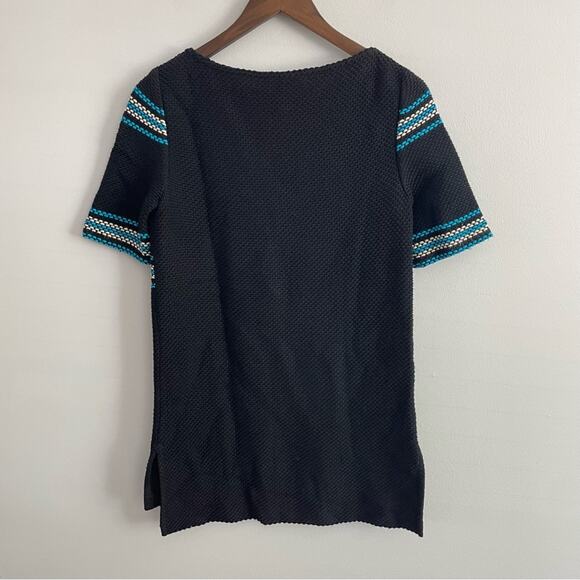 St. John | Women’s Black & Blue Knit Blouse Top Striped Colorblock Short Sleeve - Picture 2 of 8